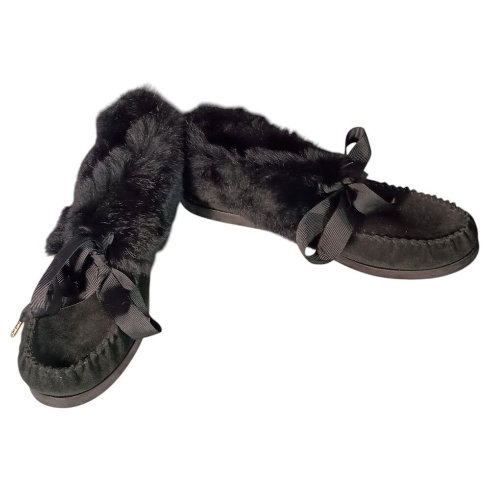 Tory Burch Aberdeen Slipper Moccasin Ankle Women 9 Leather Suede Shearling Black - Picture 7 of 13